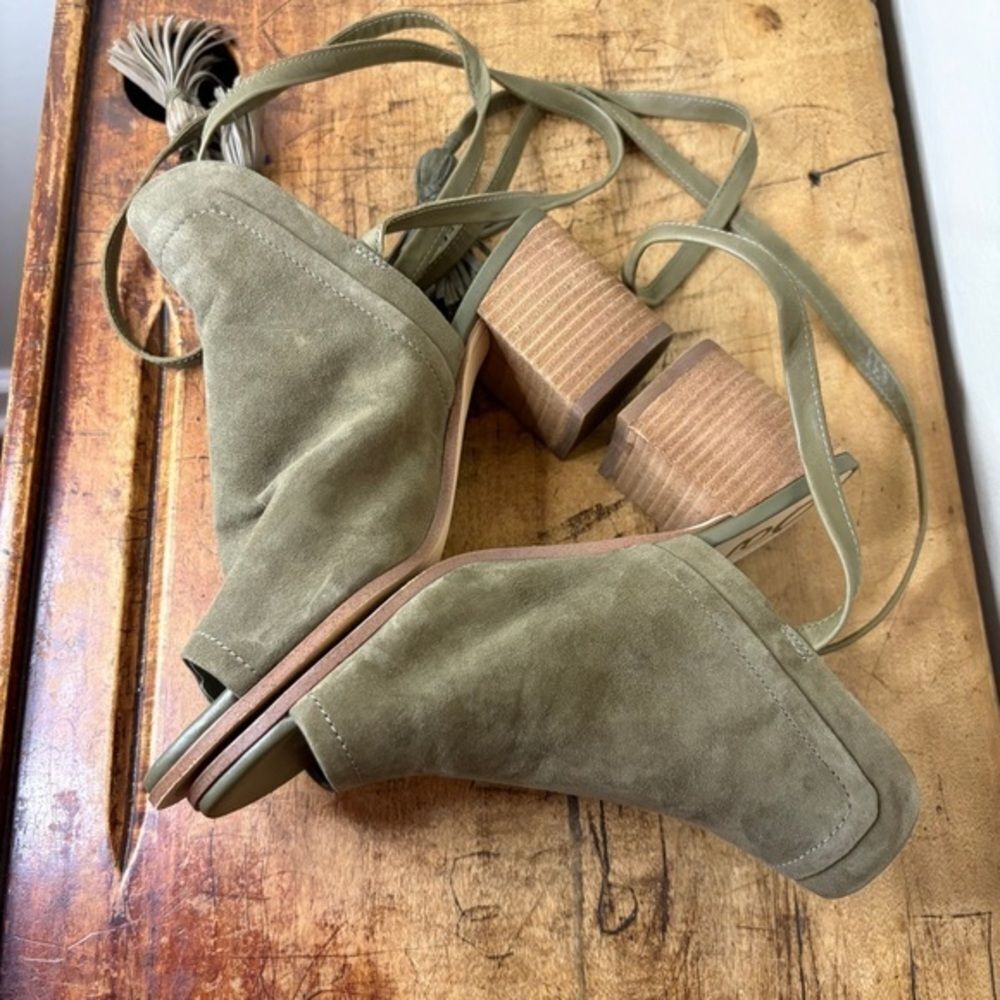 Sam Edelman Green Leather Open Toe Lace Up Chunky Heel Ankle Mules Clogs sz 7